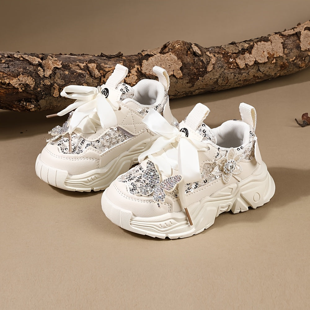 Sparkly Rhinestone Butterfly Bow Girls Sneakers Lightweight Cute Casual Shoes for Play