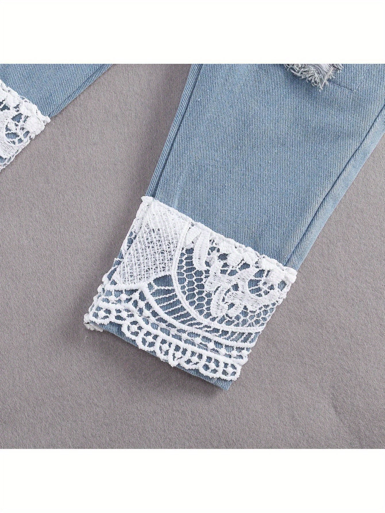 Baby Girls Summer Clothes Set Lace Hollow Out Long Sleeve Romper + Ripped Patchwork Jeans Infant Cute 2pcs Outfits, for Outdoor