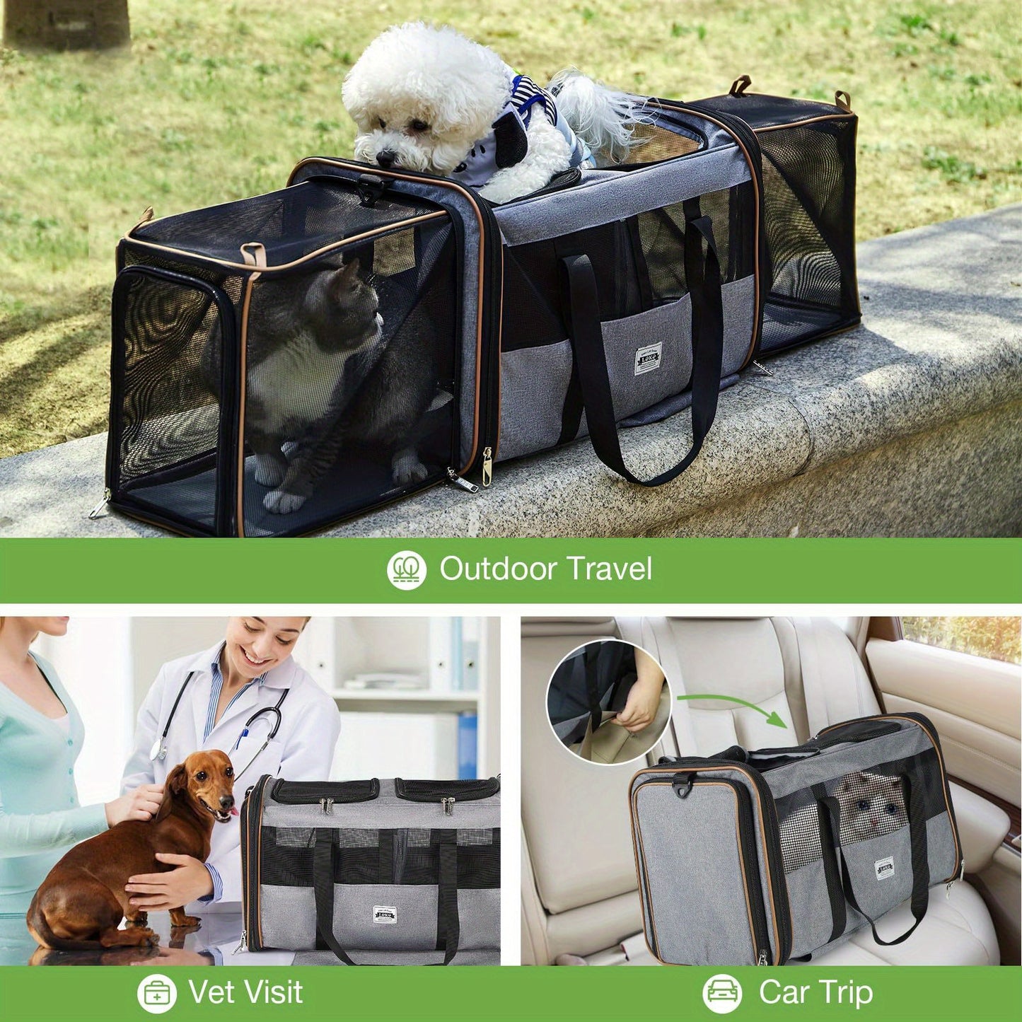 Expandable Double Pet Carrier with Wheels - Fits 2 Small to Medium Pets, Gray Rolling Suitcase with Telescopic Handle, Soft-Shell, Aluminum Alloy Frame, Zip Closure, Hand Washable, Pet Carrier Bag