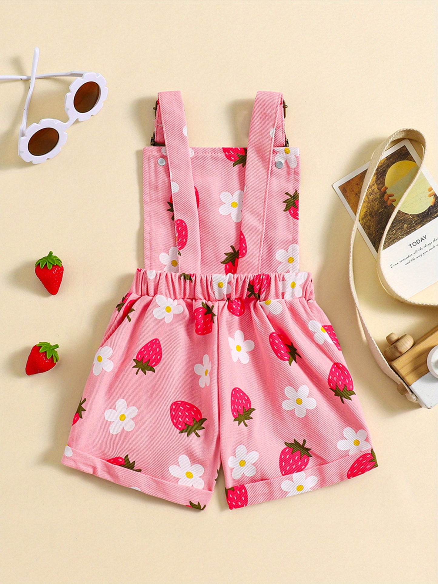 Denim Overalls for Little Featuring a Floral And Strawberry Design, Complete with Straps And Suspenders, Perfect for a Summer Outfit, for Outdoor