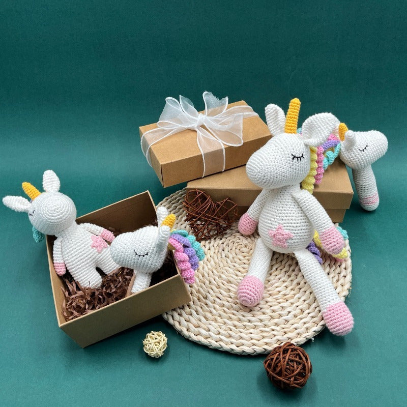 Charming Hand Knitted Amigurumi Mini Crochet Unicorn Rattle Stick with Bells