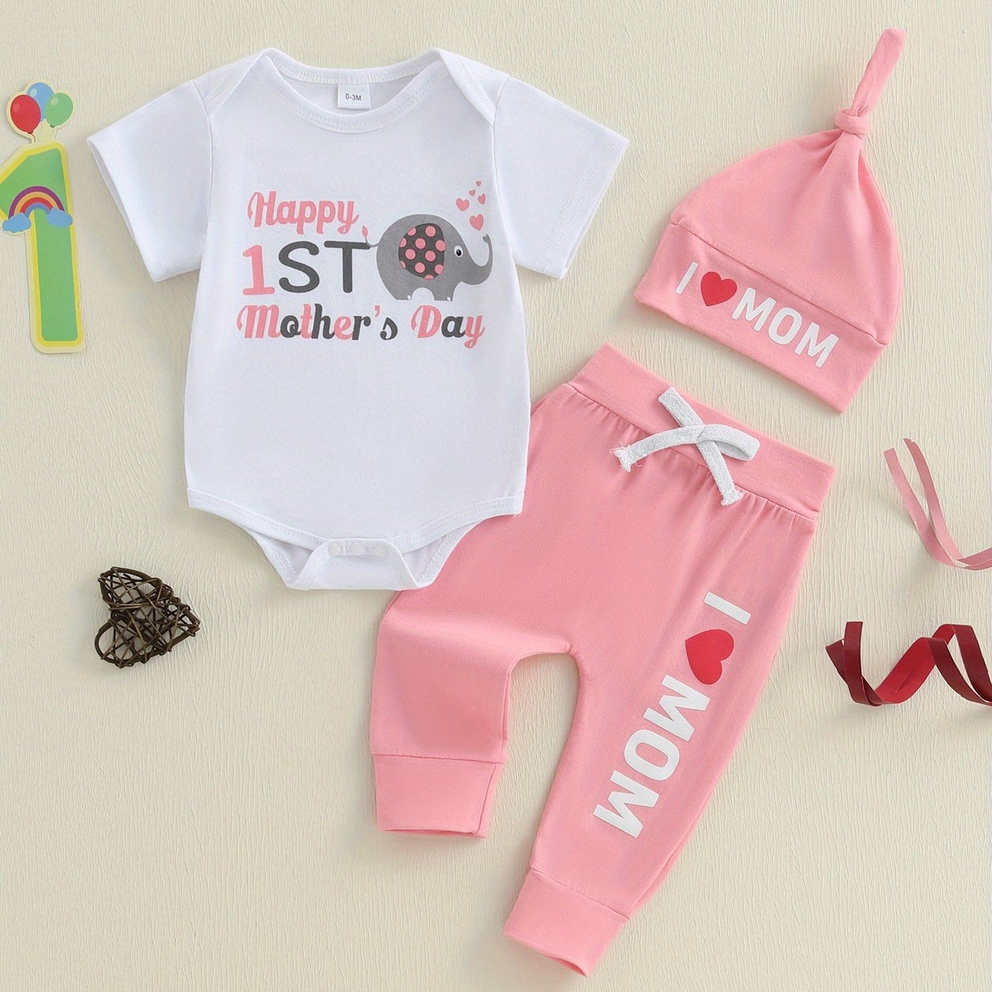 3pcs Newborn Baby Summer Outfit Dinosaur Elephant Romper Long Pants Hat Set