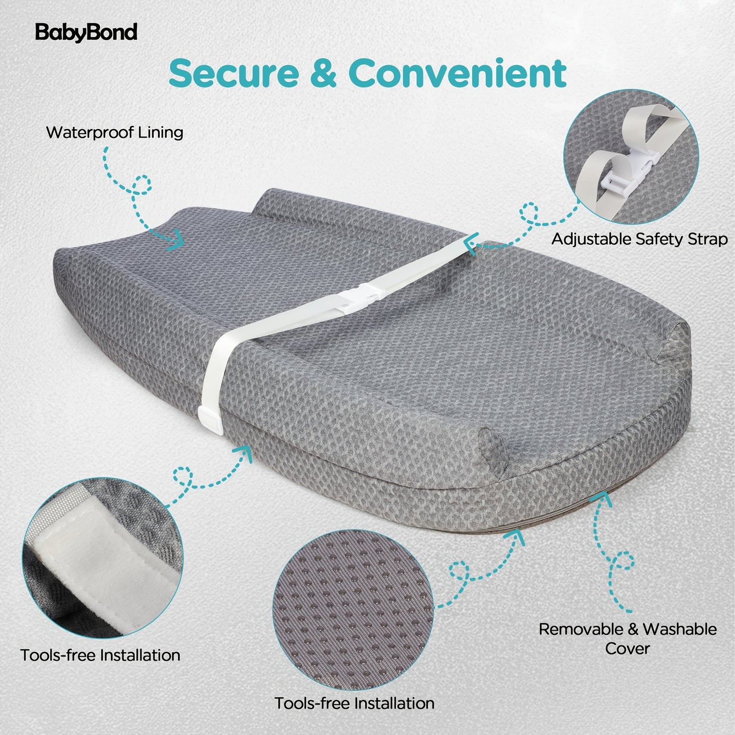 Baby Changing Pad with Safety Strap Non-Slip Base Machine Washable Grey Comfort Cushion