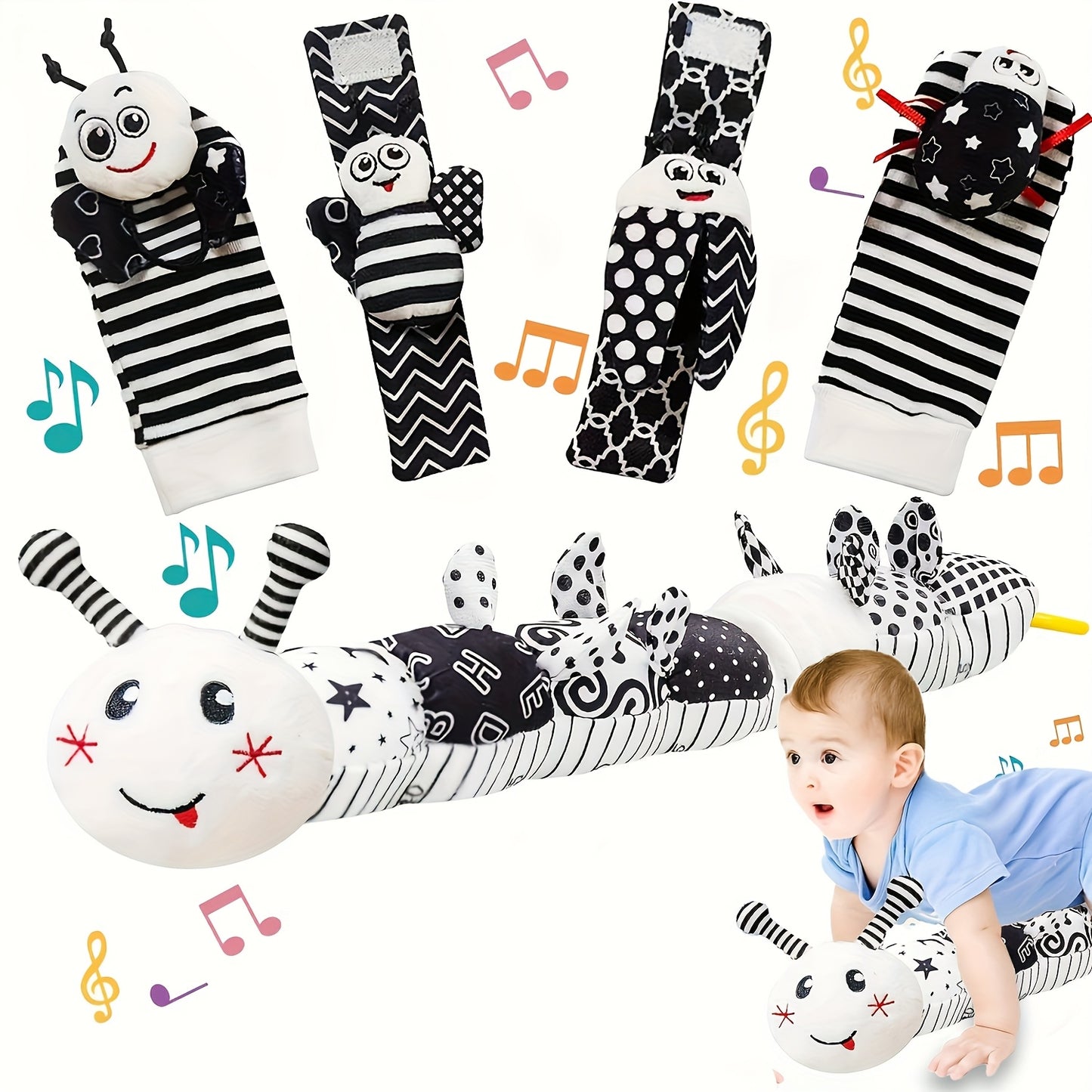 5pcs Infant Baby Musical Stuffed Animal Toys with Rattle and Multi-Sensory Textures