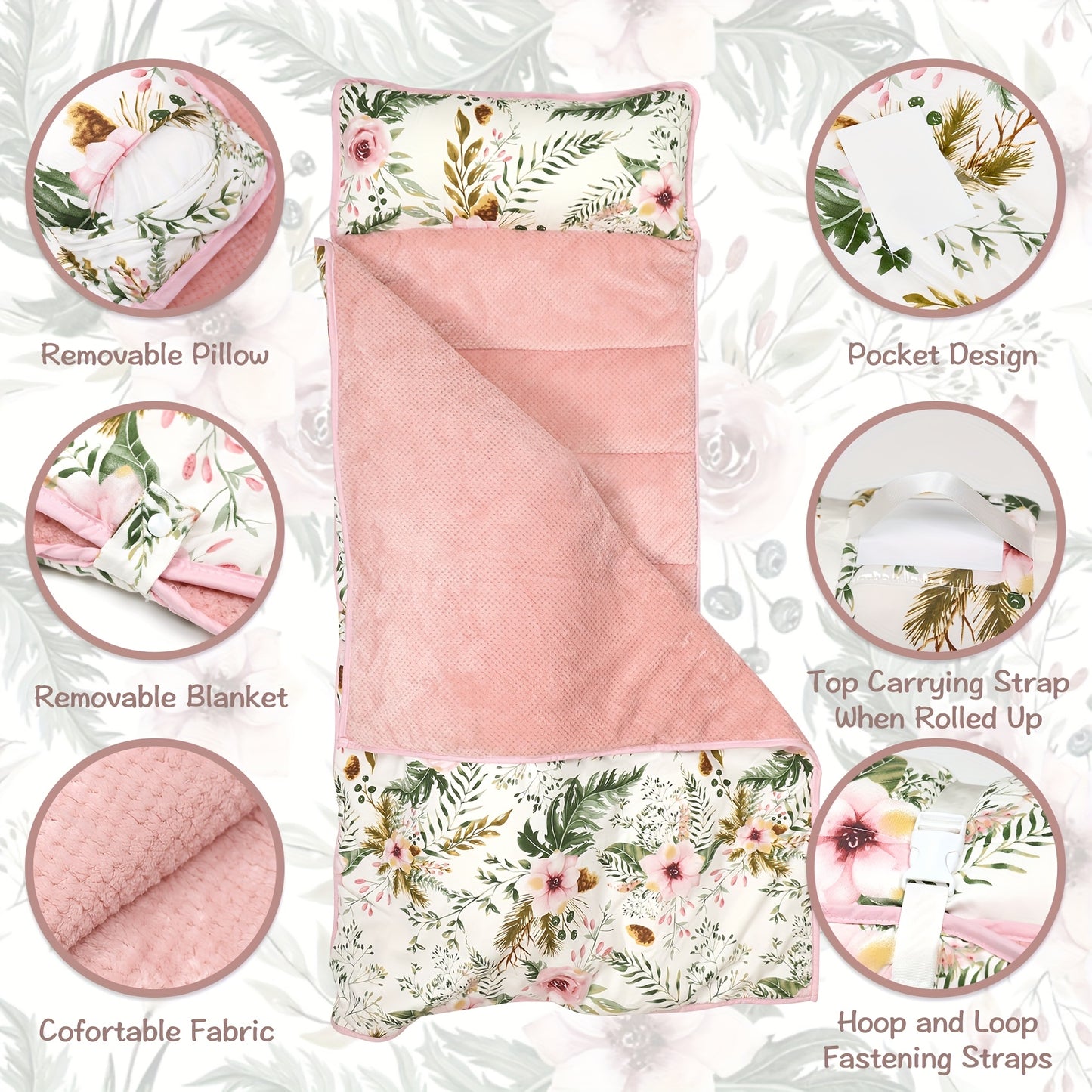 Floral Print Nap Mat for Kids with Roll-Up Design Soft and Washable Perfect for Travel