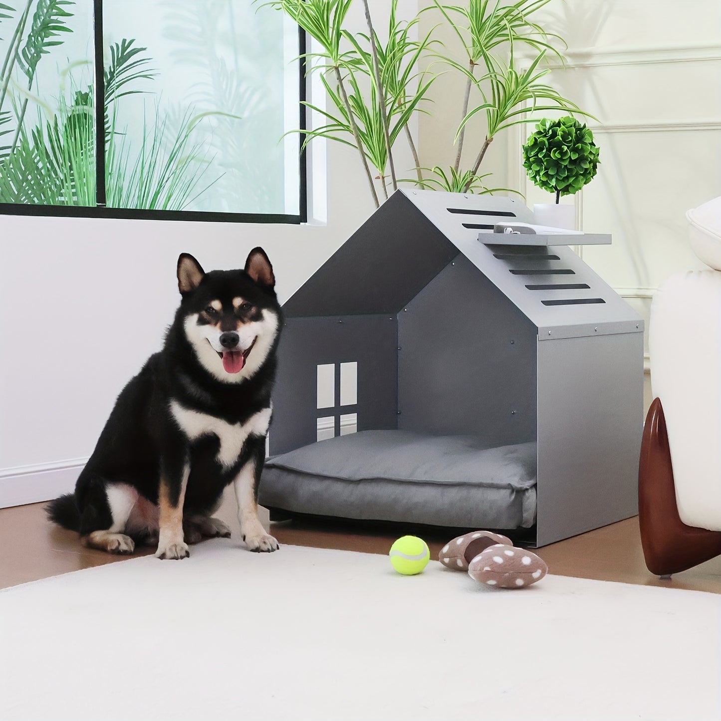 Modern White and Gray Metal Dog House with Waterproof Cushion Stylish Easy Clean Pet Bed