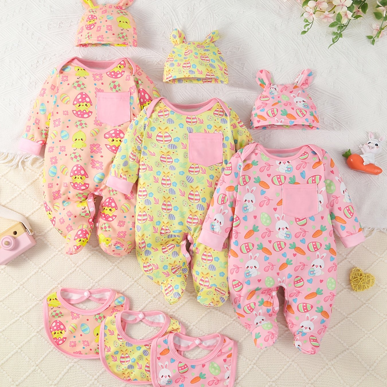 Newborn Girl 9Pc All Season Outfit Set With Bunny Hat