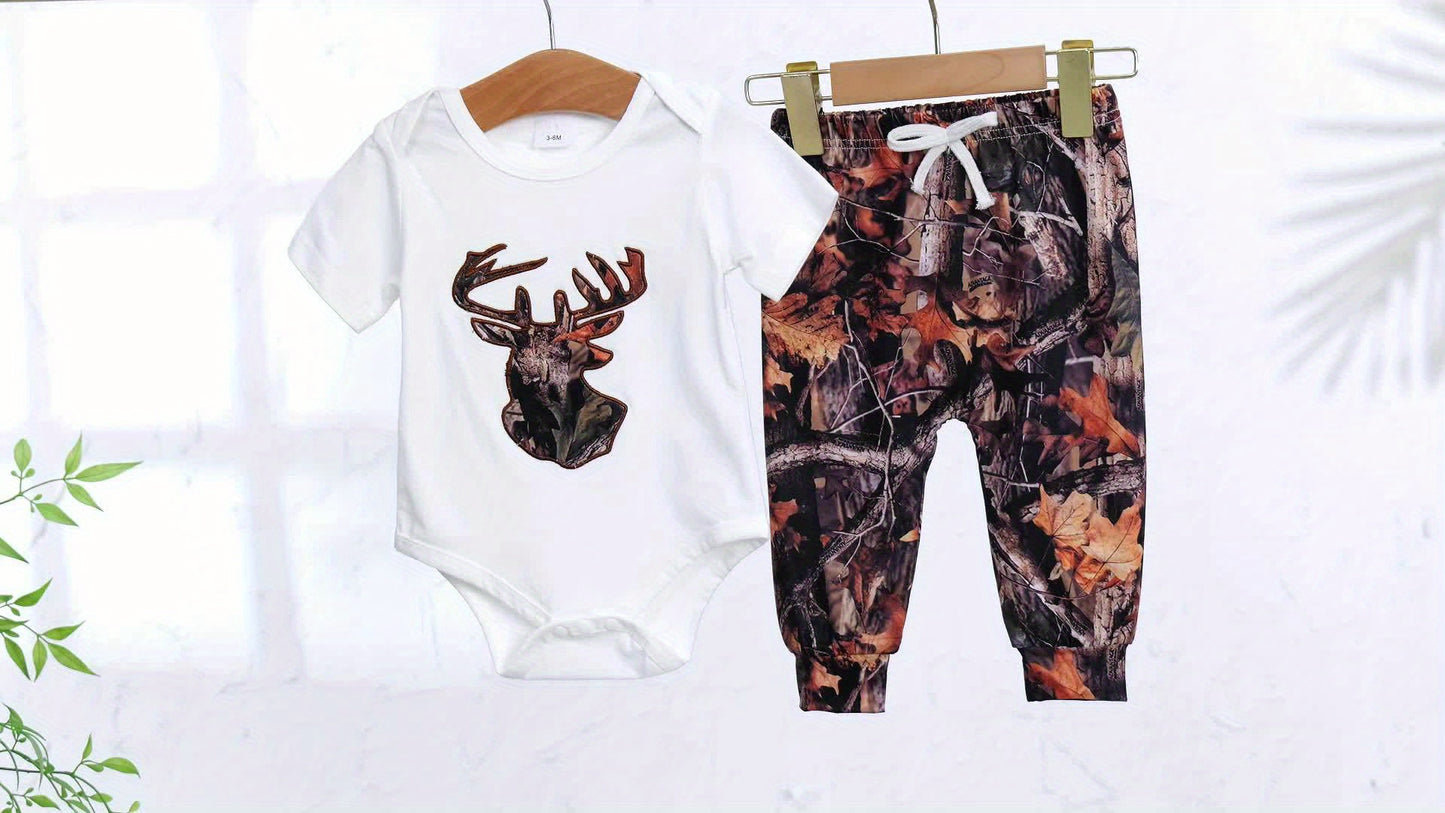 Baby Boys Summer Outfits Deer Antler Print Round Neck Short Sleeve Rompers Long Pants Hat 3pcs Clothes Set, for Outdoor