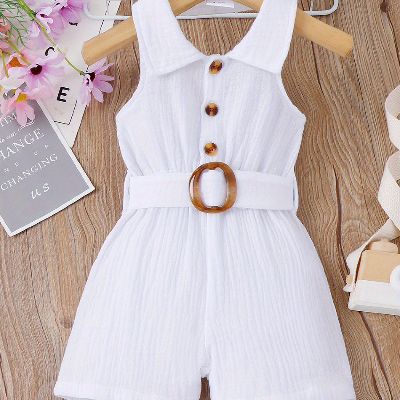 PatPat Baby Girl Front Buttons Belted Lapel Neck Strappy Ribbed Summer Backless Jumpsuits, for Outdoor
