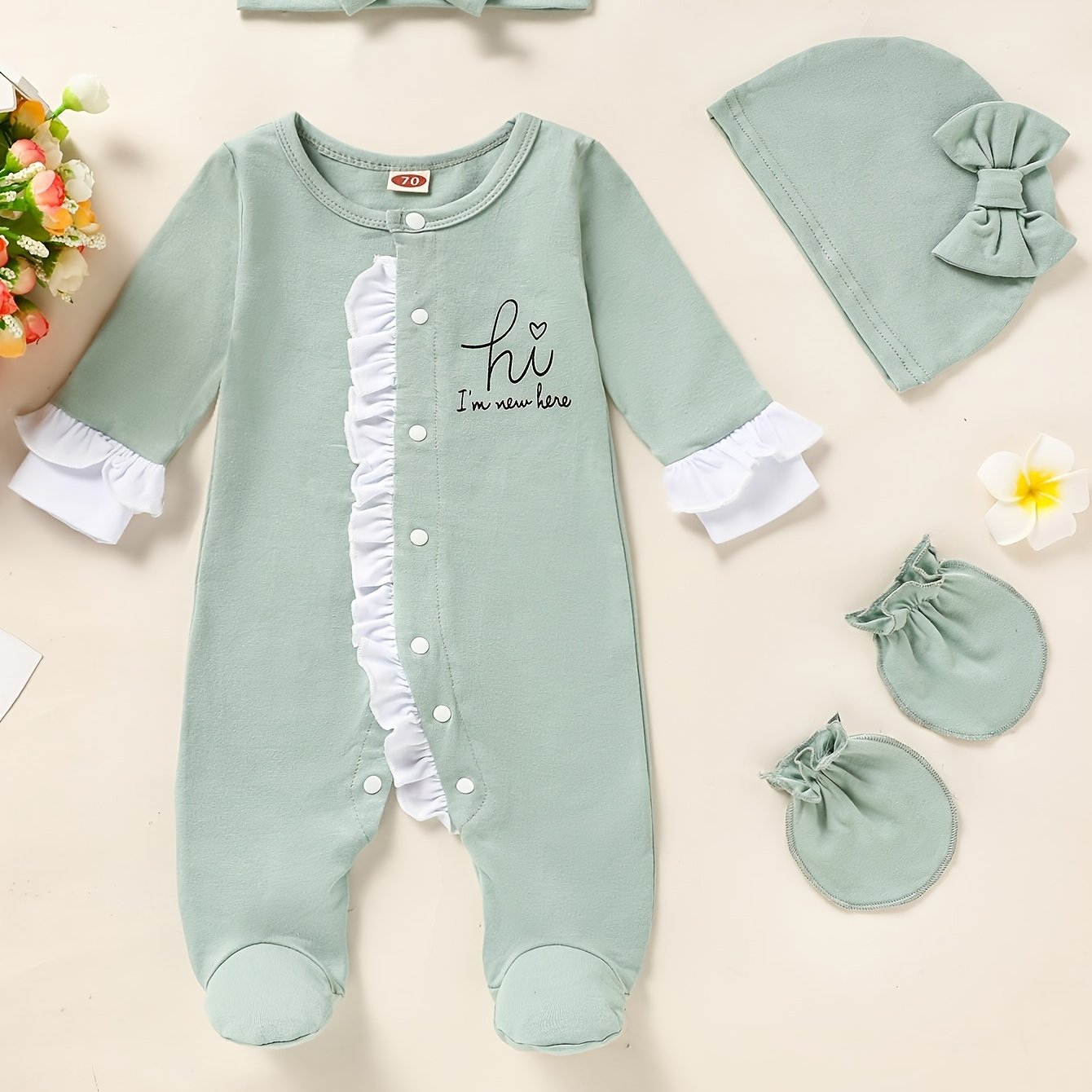 Newborn Baby Girl Romper Set Letter Print Mittens Headband