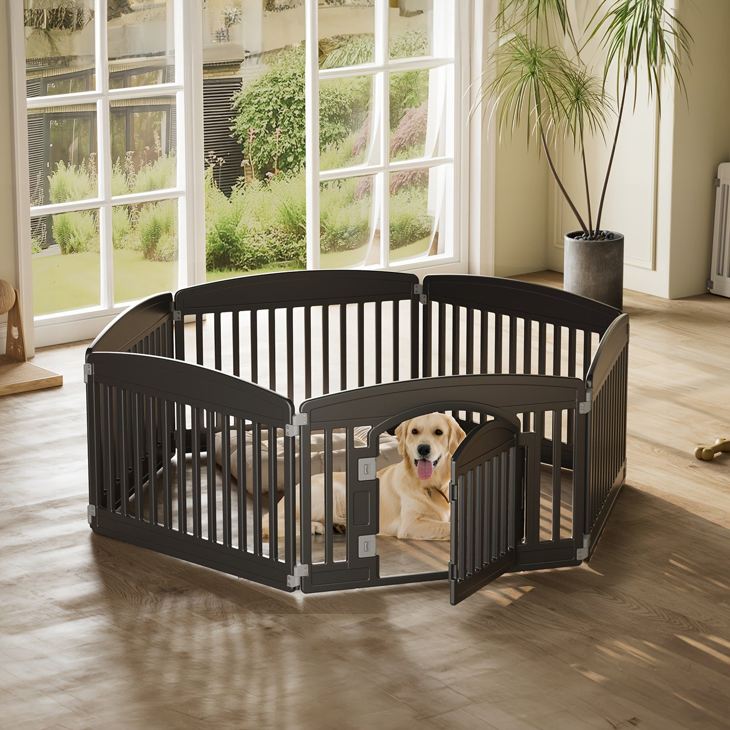 Durable 4 Panel Plastic Pet Playpen with Lockable Door and Non-Slip Bottom for Indoor Outdoor Use