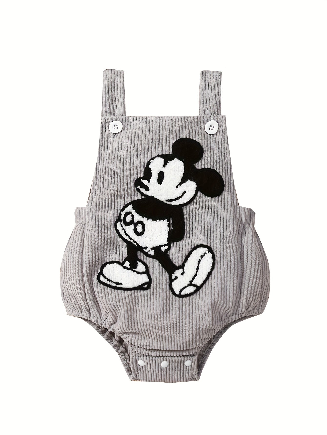Baby Boys Cartoon Mouse Embroidered Romper Light Grey Corduroy Overalls for Spring Fall