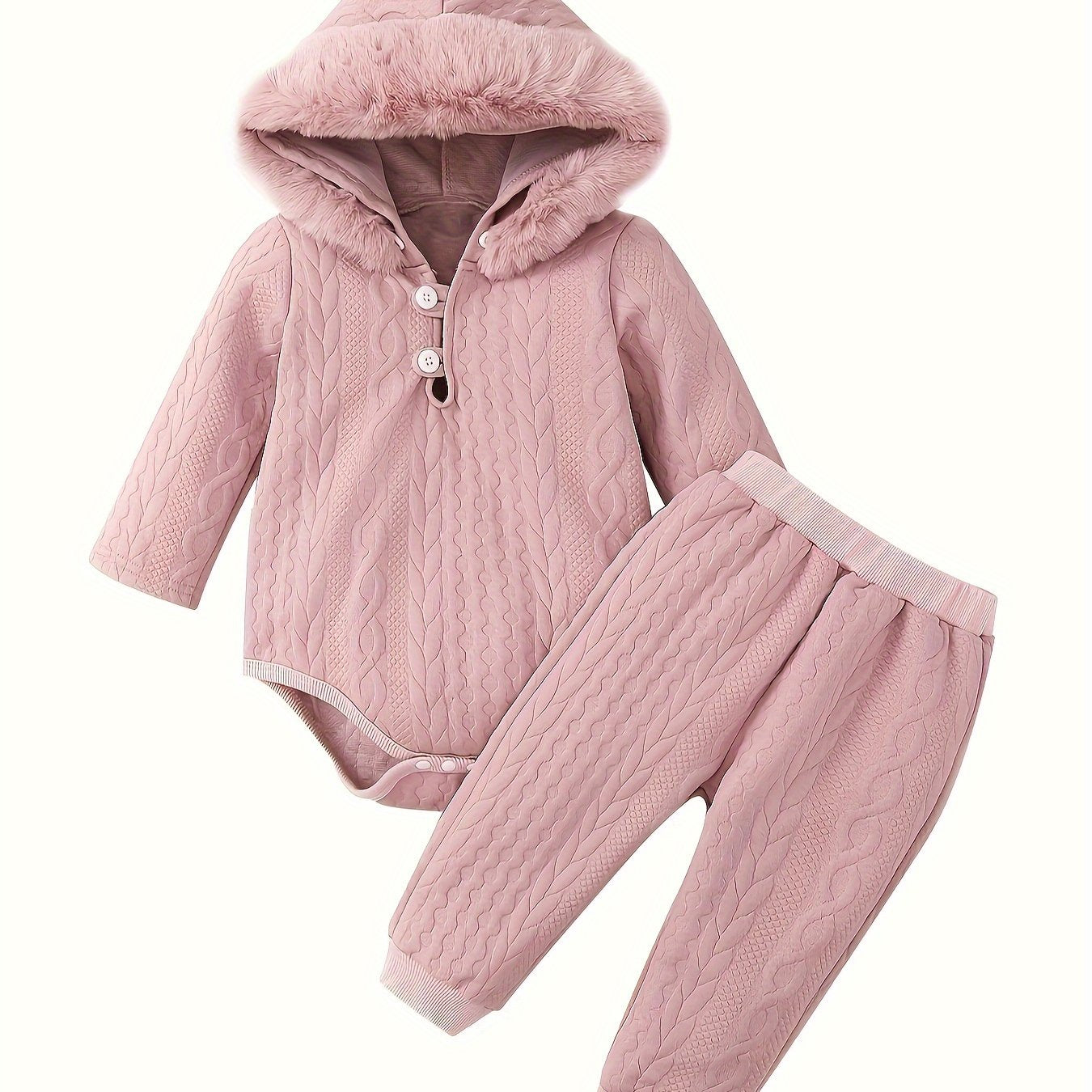 MinKidFashion Cozy Girls' Hooded Long Sleeve Romper and Pants Set - Cable Knit Pattern, Polyester/Spandex Blend, Machine Washable for Fall/Winter, Perfect for Outdoor
