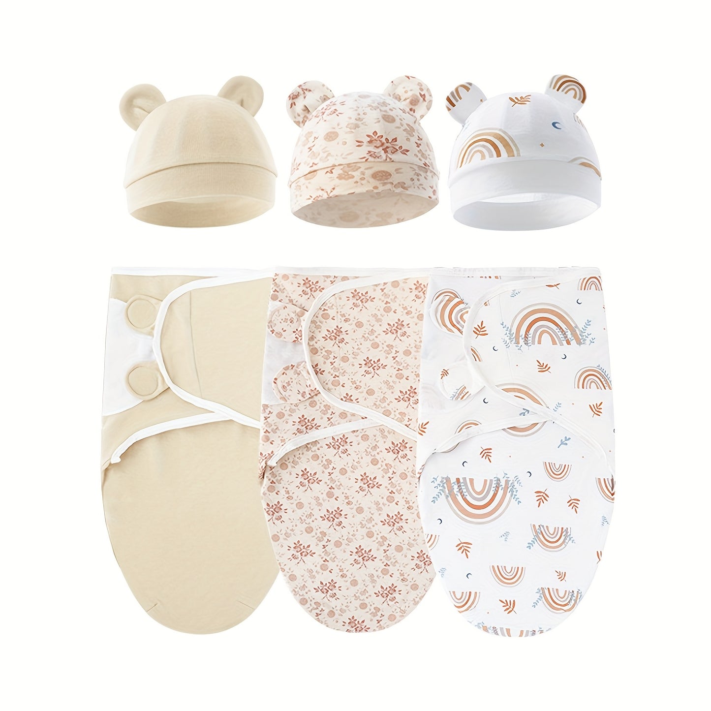 3 Sets Of Newborn Swaddle Blankets And Hats For 0-6 Months Boys And Girls, Newborn Anti-Shock Swaddle Design, Newborn Gift.