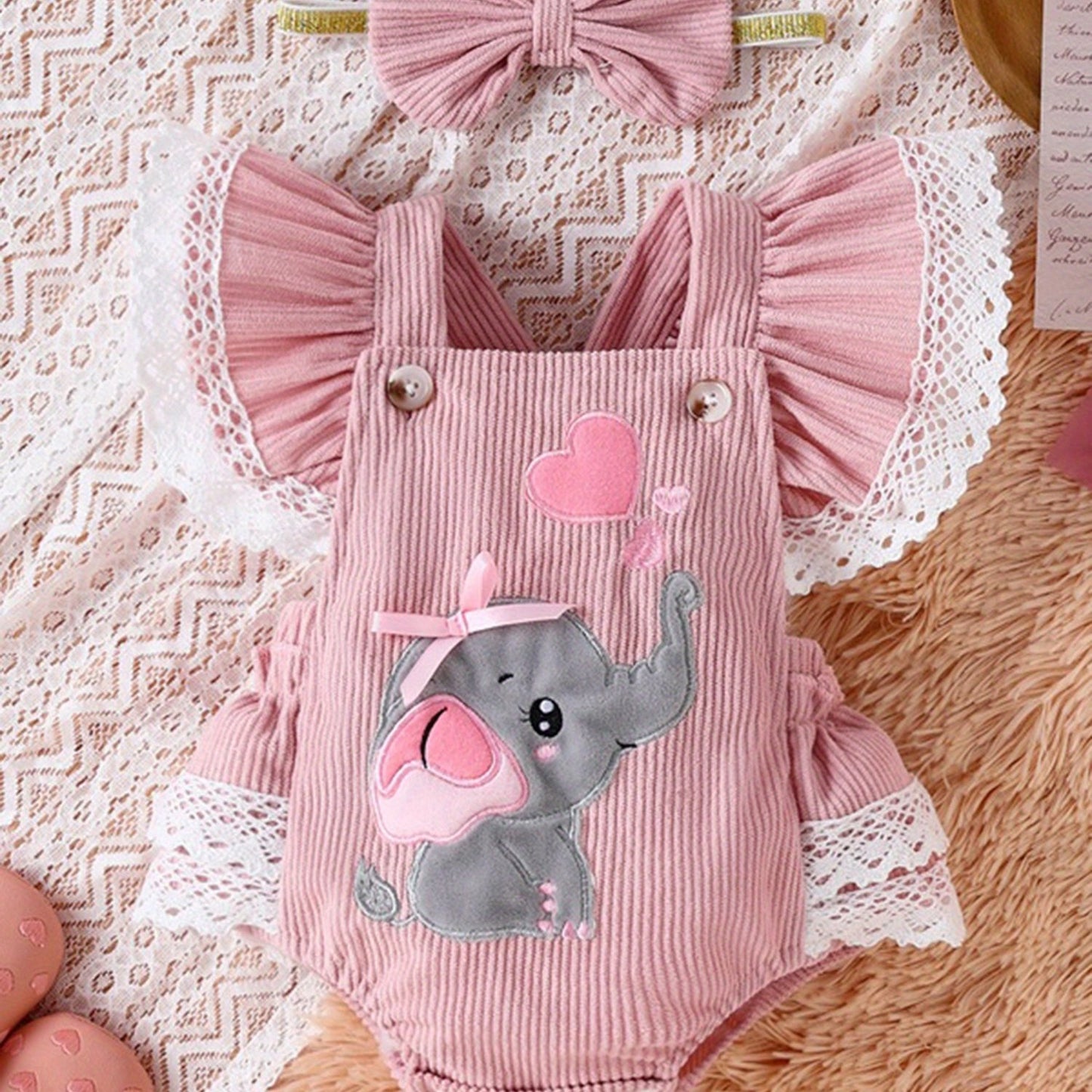 0.0-59.06ft Cute Girl Set, 2pcs Embroidered Elephant Love jumpsuit+Butterfly Bow Hairband Summer Clothing, for Outdoor