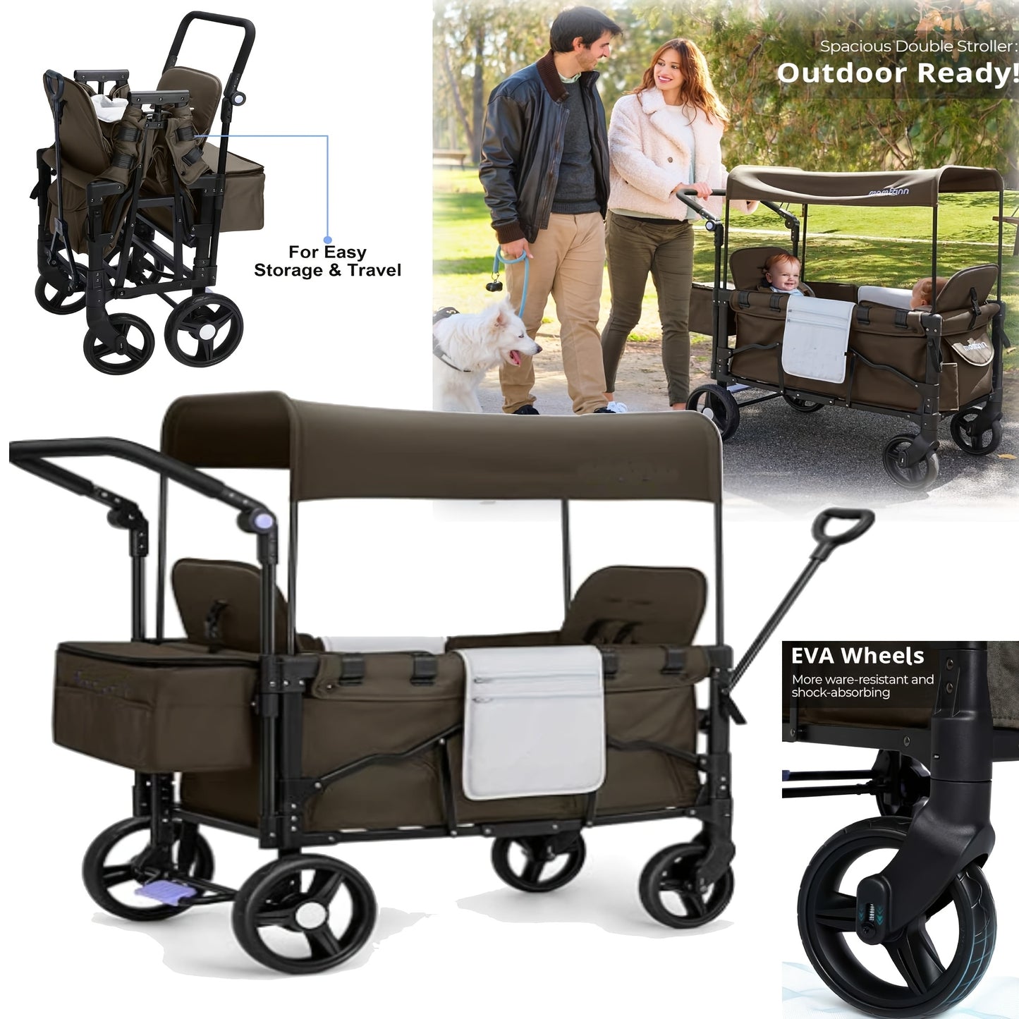 Folding Stroller Wagon Collapsible Wagon For 2 Kids, Baby Wagon Stroller With Adjustable Handle For Infants Toddlers Includes Canopy & Organizer, Foldable Convenient For Storage, Outdoor Garden Beach