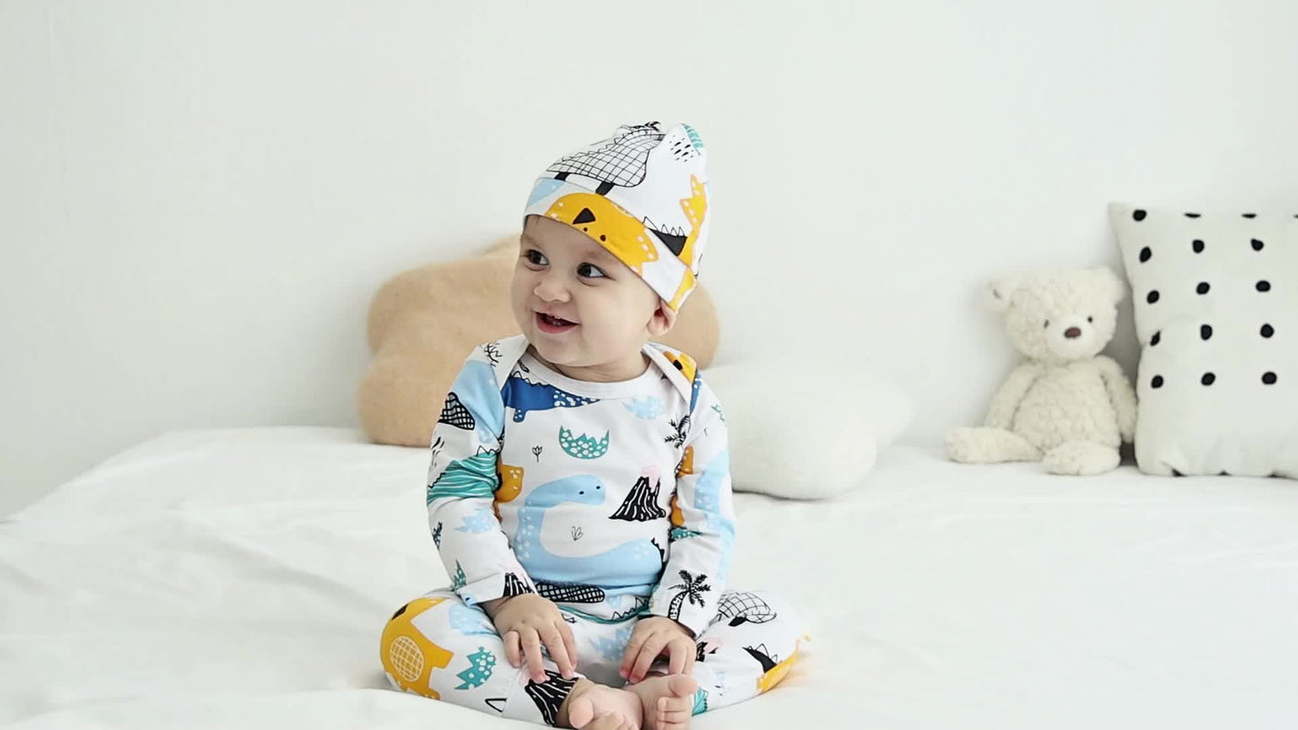 KuKitty Newborn Baby Boy 3pc Cotton Long Sleeve Romper Top Pant Hat Dinosaur Outfit Set