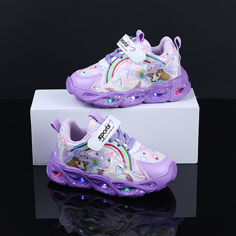 Girls Cute Cartoon Print LED Running Shoes for Toddlers and Youngsters Light Up Sports Shoes