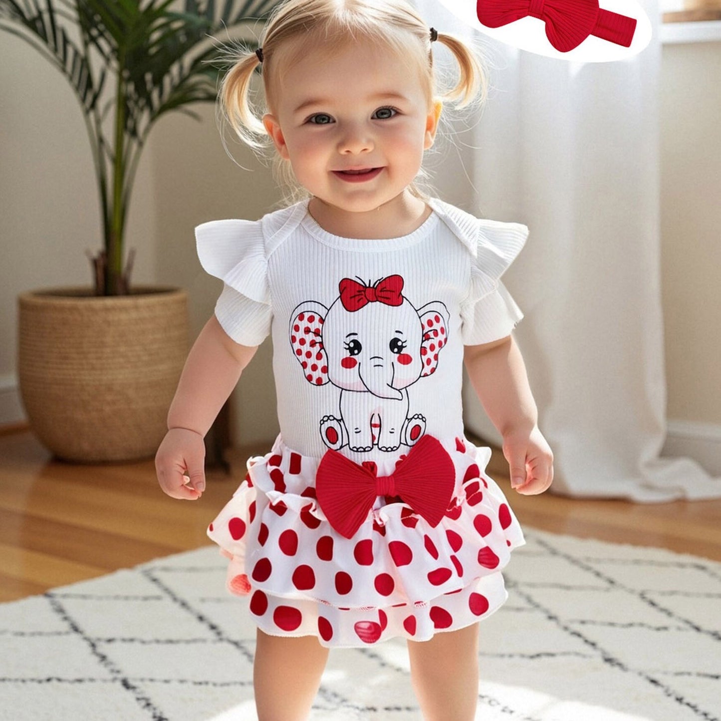 Baby Girls Summer Outfit Set Elephant Print Romper With Ruffle Shorts And Headband 3pc