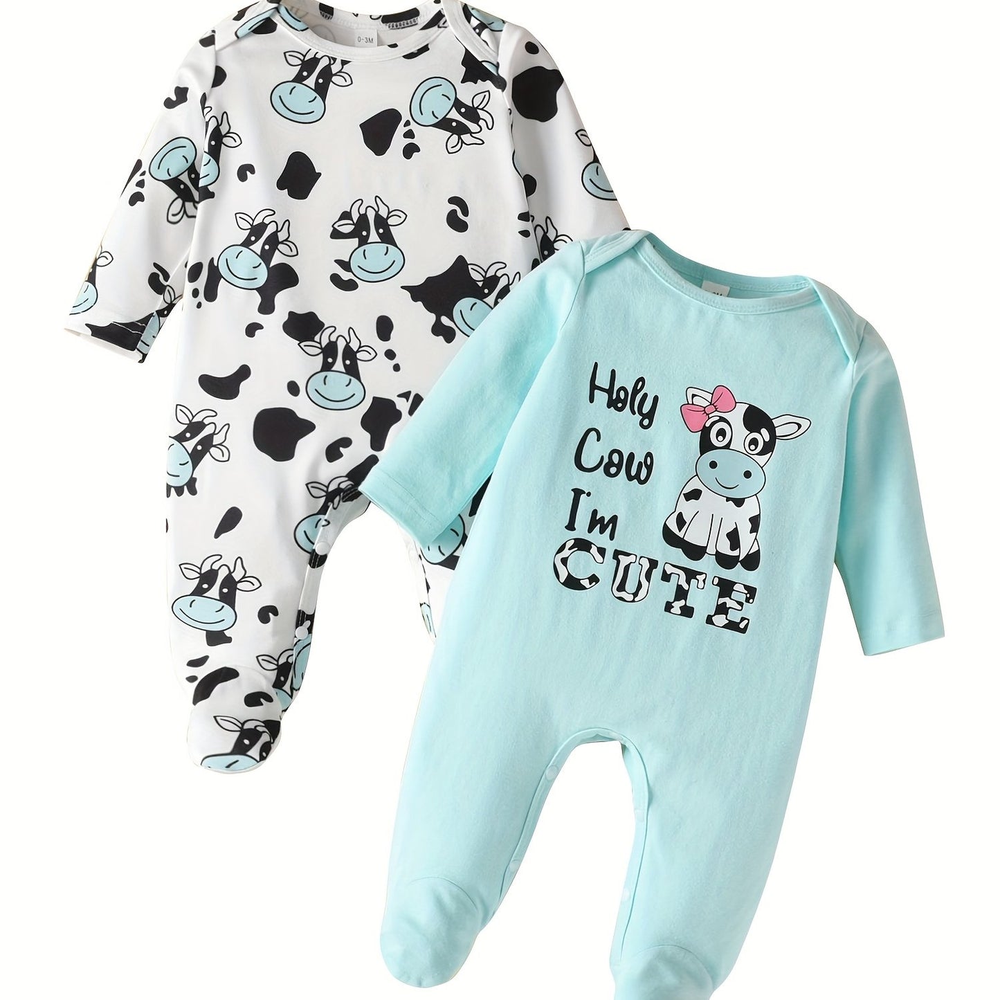 2pcs Newborn Baby Girl Romper Cow Pattern Cute Infant Outfits Long Sleeve Jumpsuits Baby Girl Clothes, for Outdoor