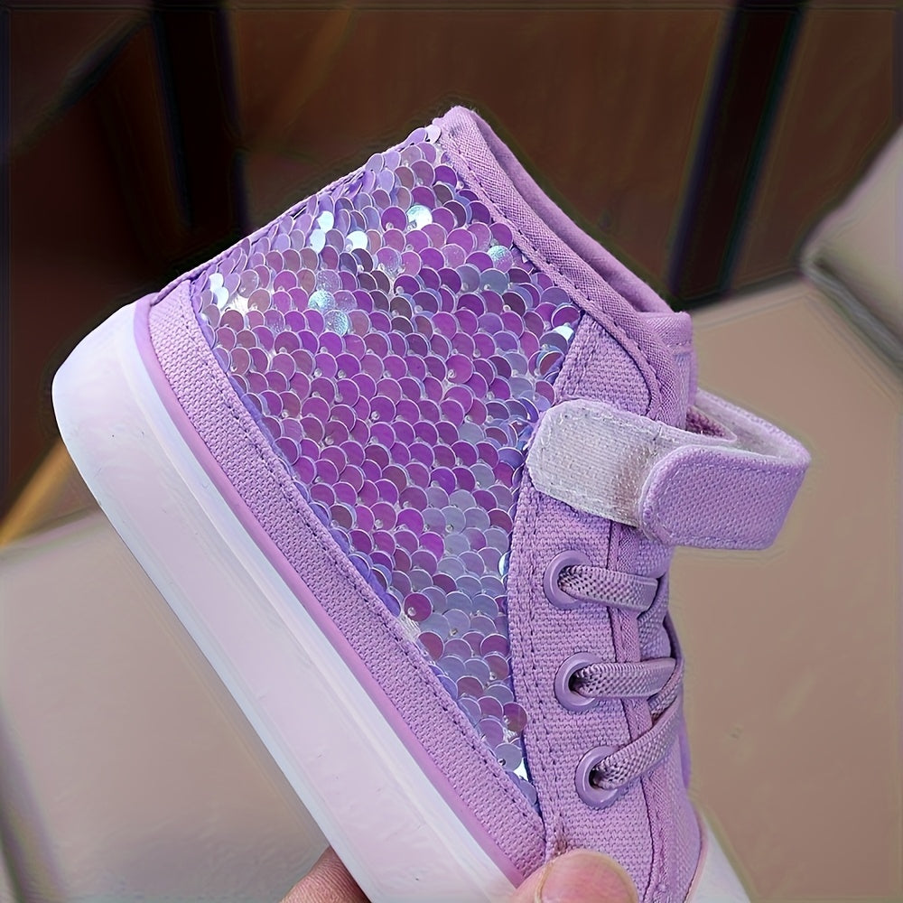 Girls Lightweight Canvas Sneakers with Purple Star Sequins Mid-Top Casual Shoes
