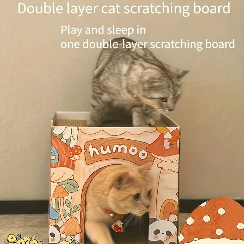 Double Layer Foldable Cat House 2 in 1 Corrugated Scratcher Bed with Castle Design