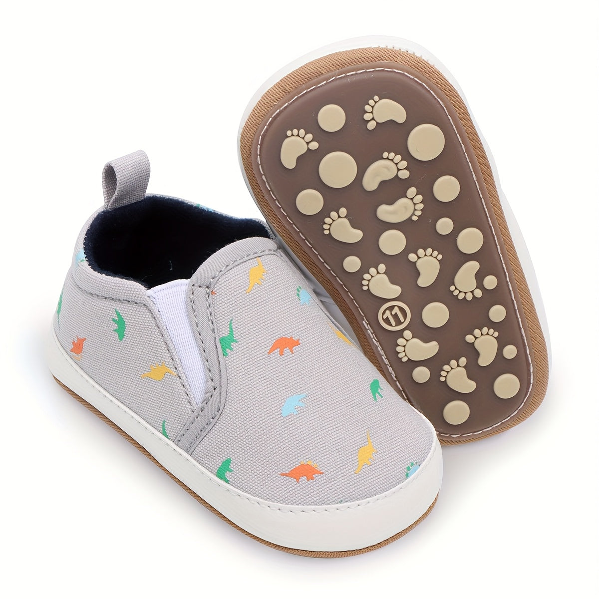 Infant Baby Boys Girls First Walker Sneakers - Soft Anti-Slip Rubber Sole, Slip-On Canvas Shoes with Cartoon Patterns (Navy/Beige/Gray) for Newborn Toddlers 0-18 Months, Breathable Fabric Lined Interior, Casual Baby Footwear