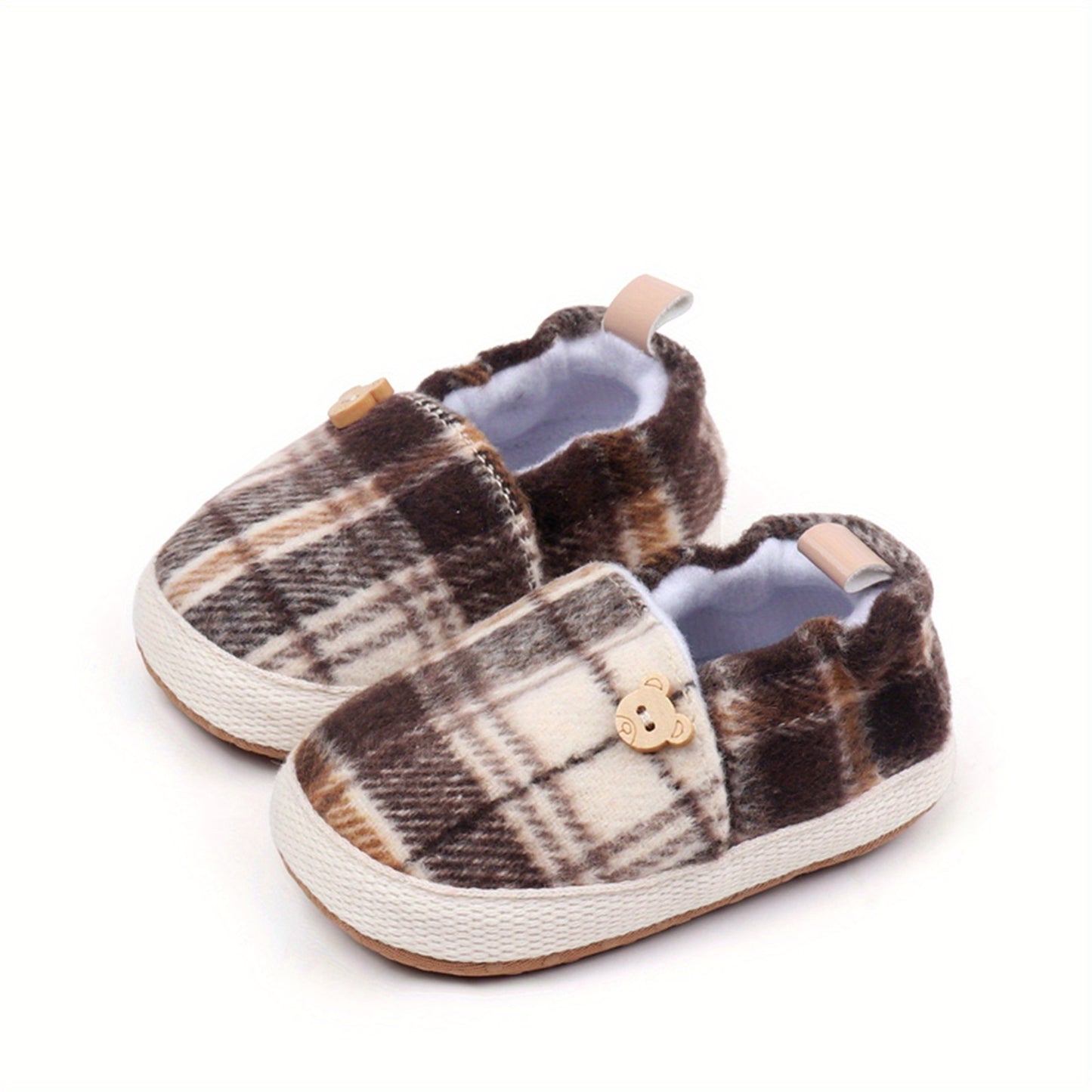 Baby First Walking Shoes - Soft Fabric Slip-On Sneakers with Striped & Plaid Patterns, Easy Snap Closure, Lightweight Crib Shoes for Infant Boys & Girls, All-Season Casual Shoes with Bear Button & Cushioned Insole, Baby Shoes