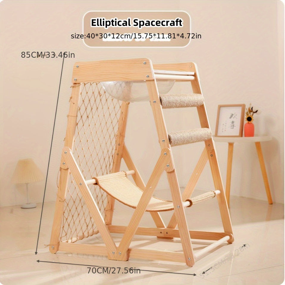 Wooden Cat Tower, Space Capsule Cat Tree with 2 Scratching Posts and Climbing Net Cat Toys, Summer Cat Bed, Indoor Cat Fort Tower Tree for Multiple Cats and Pet Stores, Wooden Cat Nest Jumping Platform Cat Scratcher Integrate