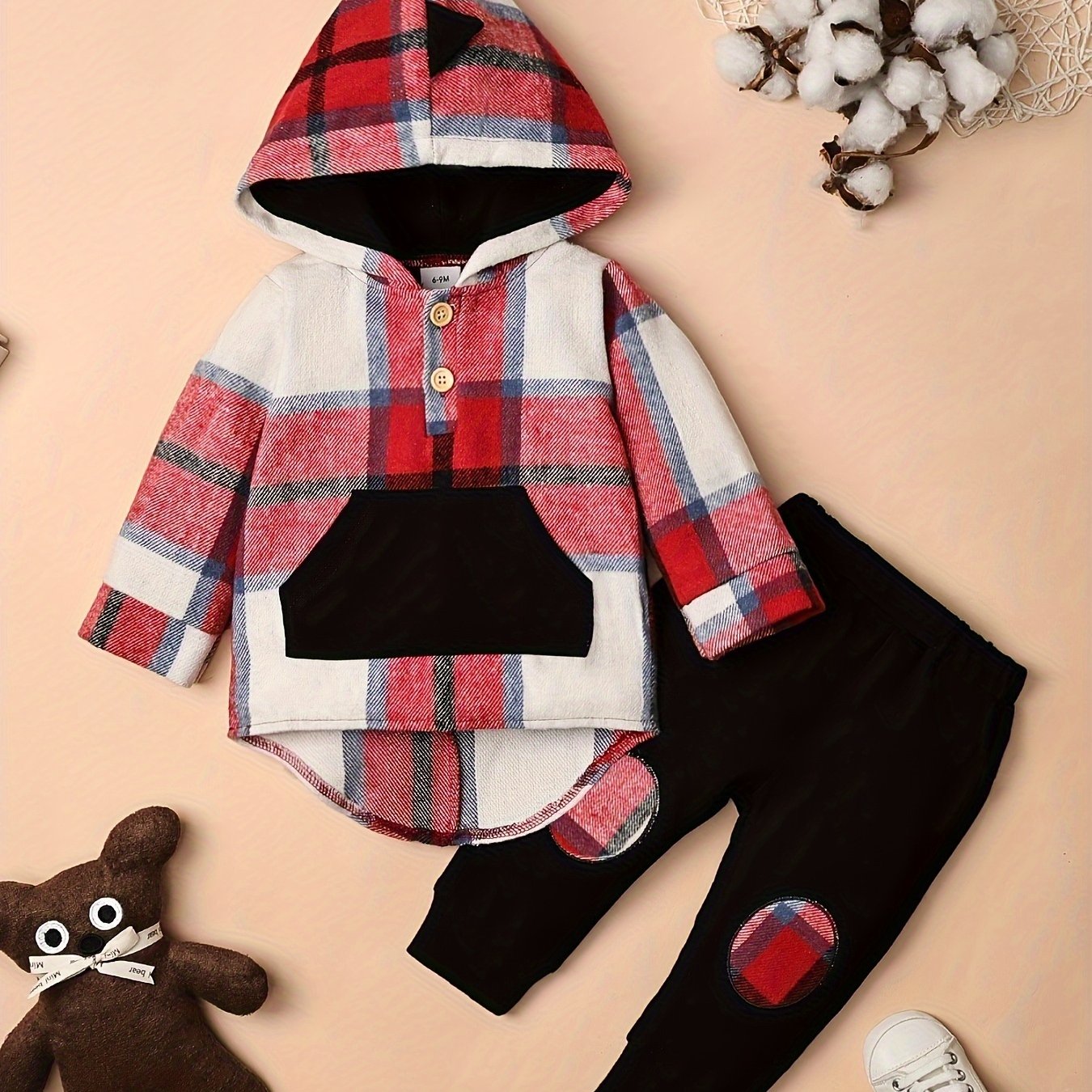 Toddler Boy Plaid Dinosaur Hoodie and Pants Set for Fall and Winter Ages 6 Months to 5 Years