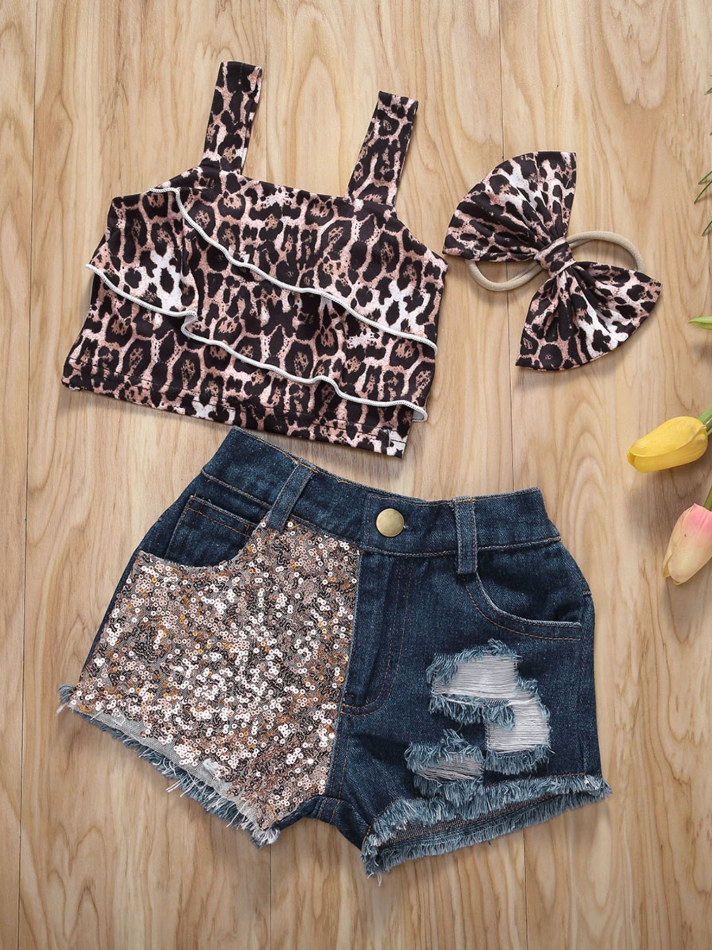 Baby Girls Summer Outfit Toddler Sleeveless Leopard Crop Top Denim Shorts and Bowknot Headband