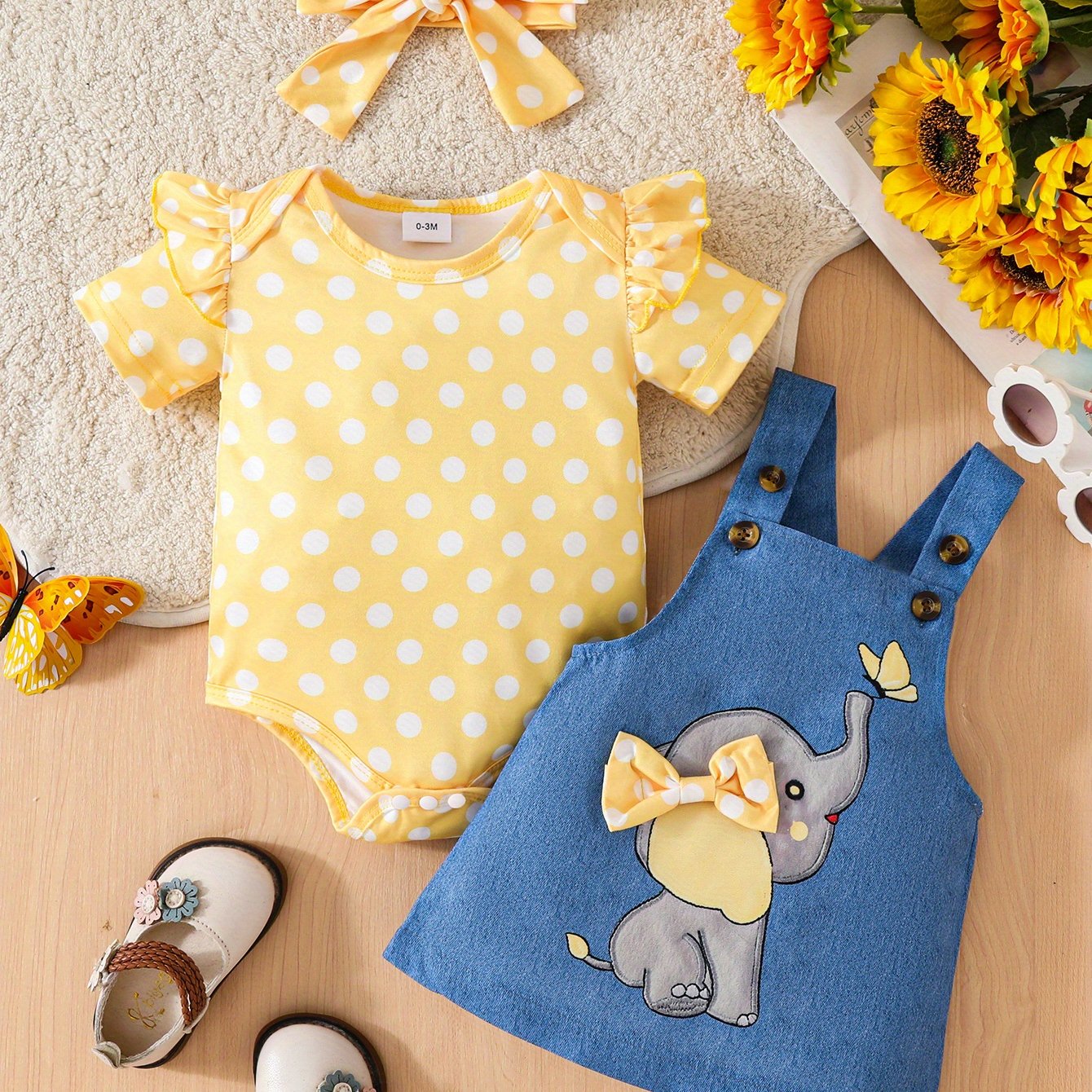 Baby Girl Elephant Skirt Set Romper With Suspender Skirt