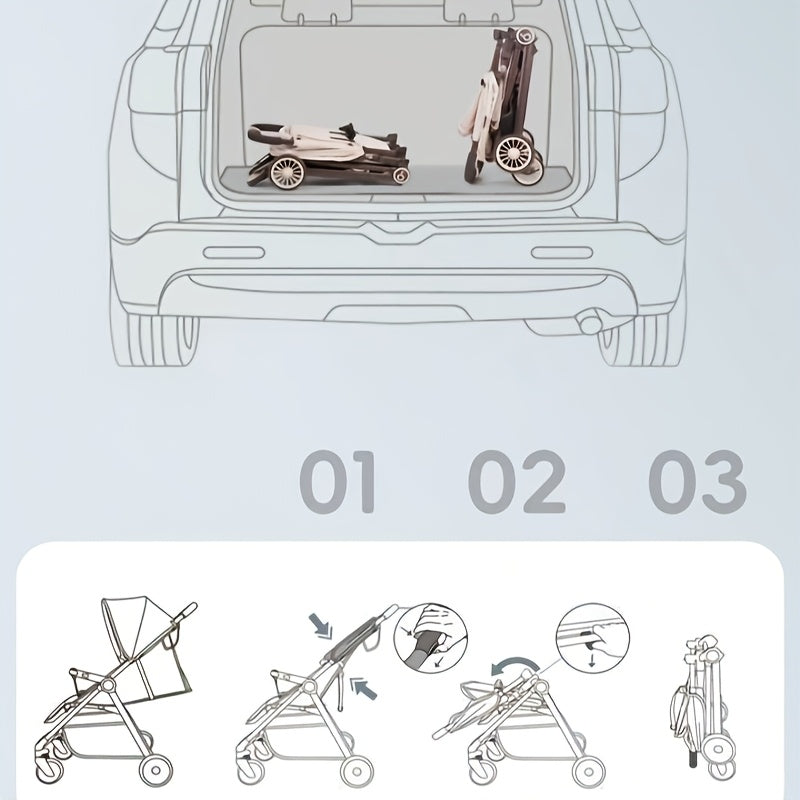 Compact Travel Stroller - Lightweight, Quick Fold, One-Click Operation, Beige & Brown Design, Anti-Skid Wheels, Large Capacity Basket, Portable Stroller for On-the-Go Parents, Durable Metal Frame, Compact Stroller