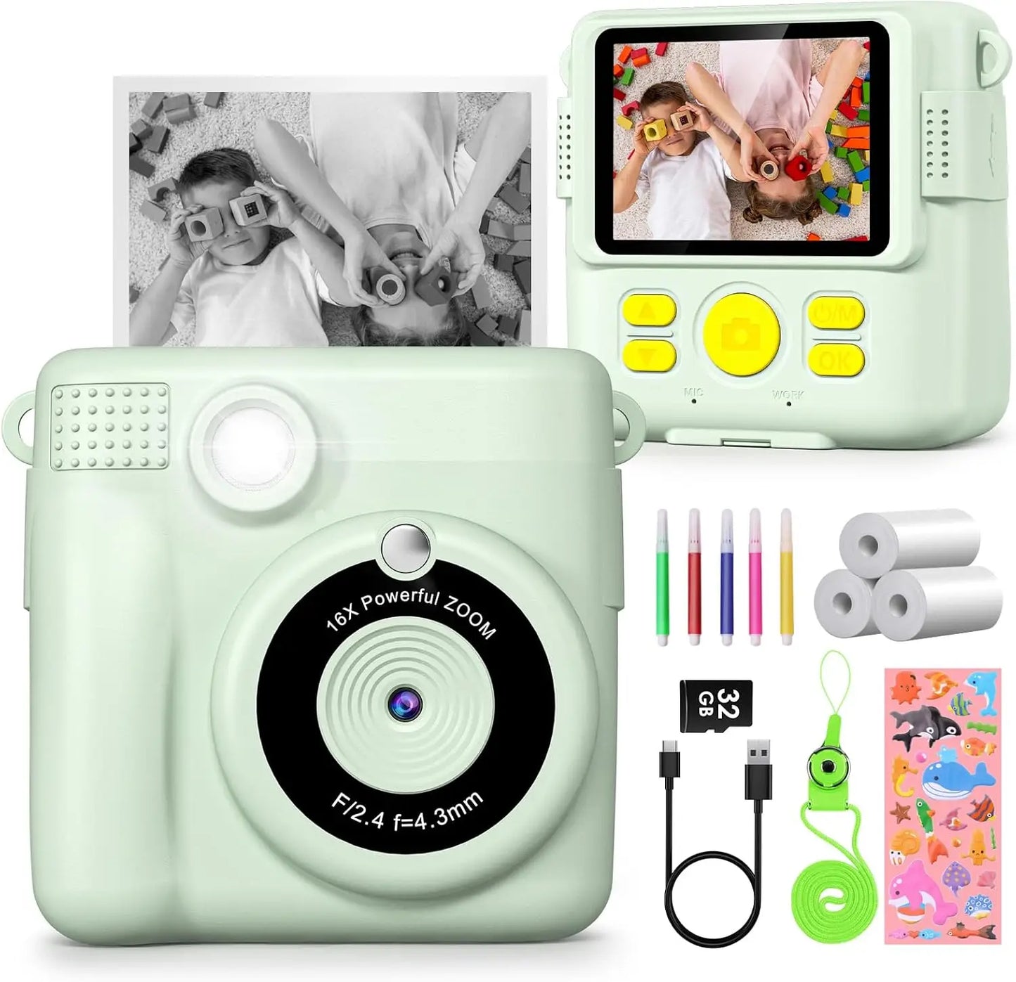Kids Digital Camera 1080P HD Instant Print Camera Portable Camera Toy with 32GB Card Gift For Boys Girls 3-12 - Loving Babies & Pets Shop