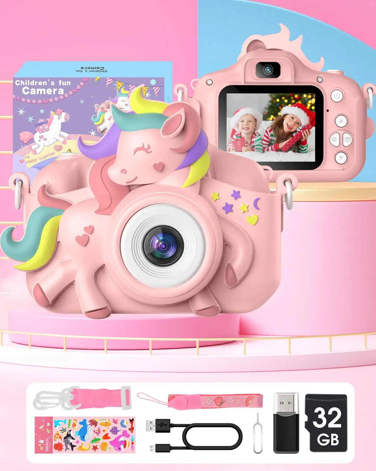 Kid's 2 Inch Cartoon Selfie Camera 20MP 1080P HD Digital Toy With 32GB Card For Girls And Boys