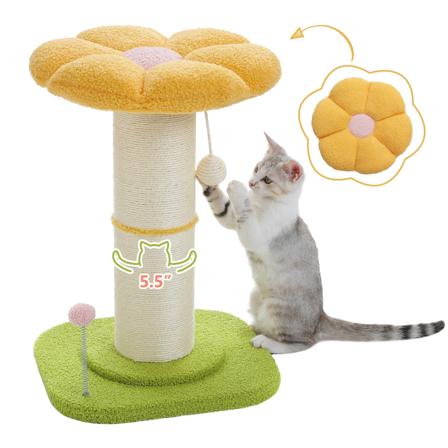 Flower Small Cat Tree Cat Scratching Post for Indoor with Super Thick Natural Sisal Post Pink Stable Removable Perch Mat Balls