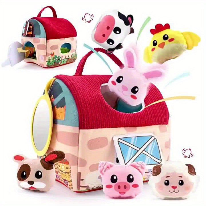 7 Piece Infant Baby Stuffed Animal Toy Playset with Rattles and Sensory Balls