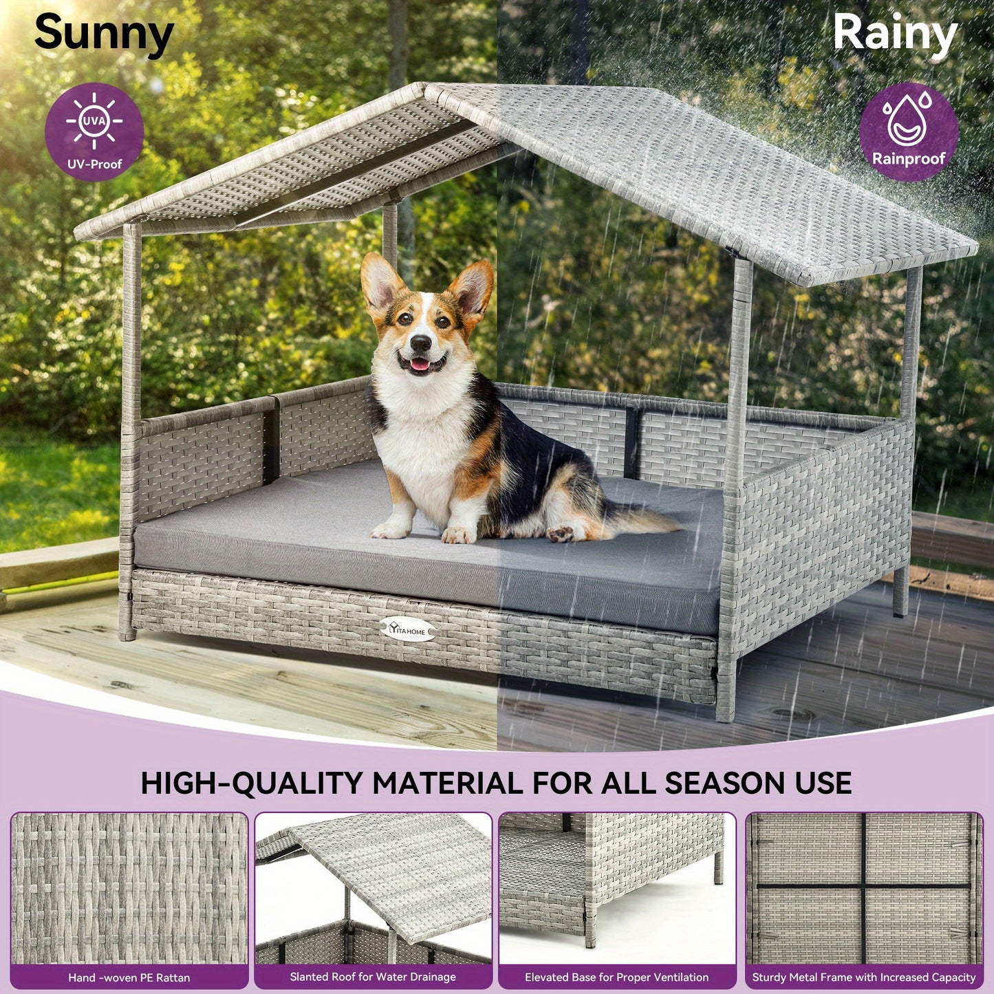 Large Wicker Dog House with Cushion Elevated Rattan Canopy for Indoor and Outdoor Use