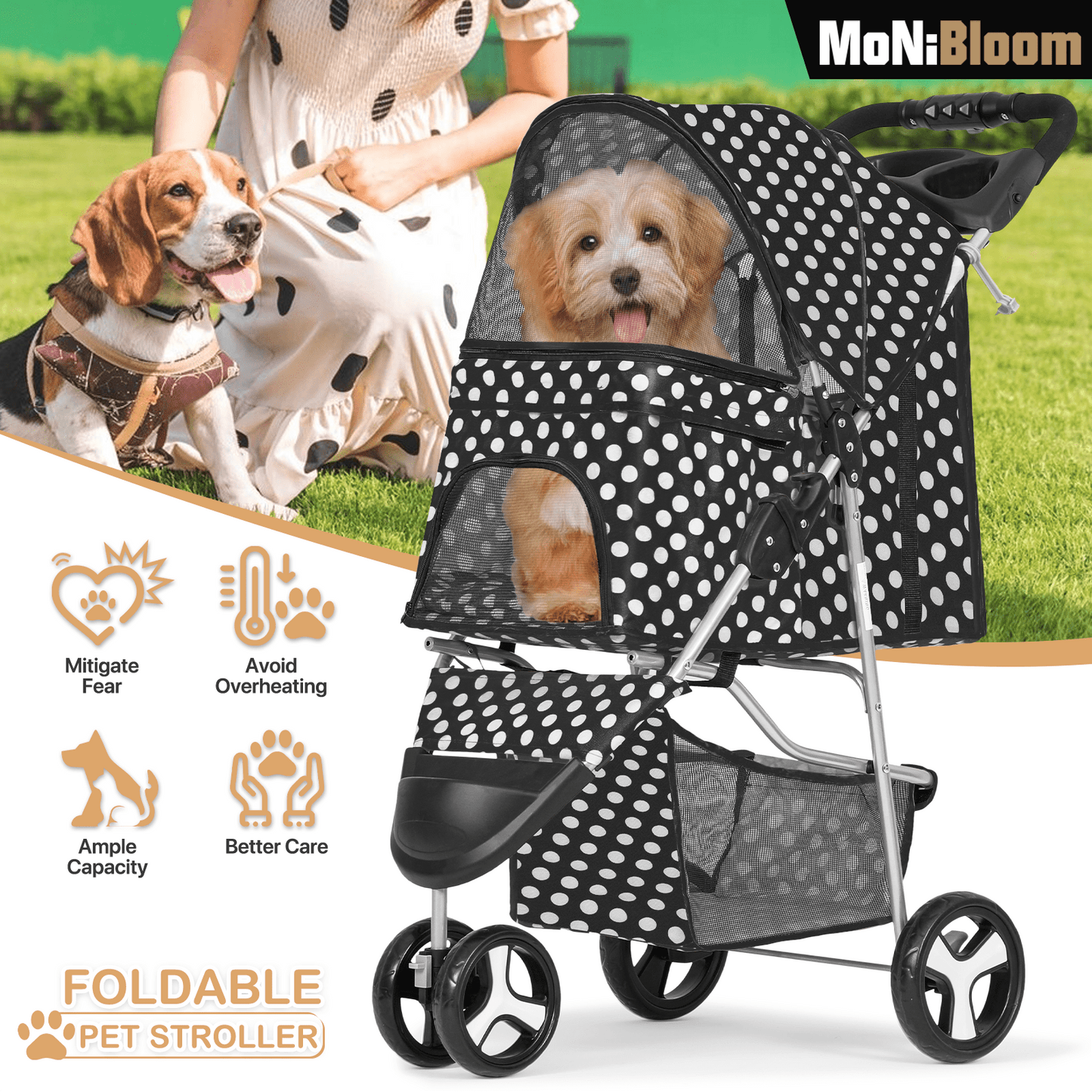 MoNiBloom Foldable Dog Strollers for Small Dogs with Weather Cover, 3 Wheels Pet Strolling Cart for Dogs and Cats with Storage Basket and Cup Holder, Breathable and Visible Mesh for All-Season