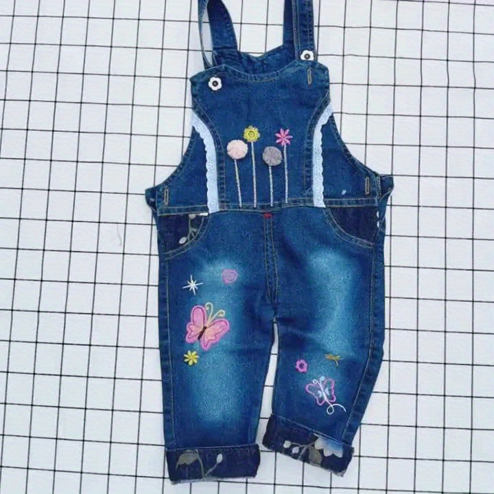 Girls' Jeans-like Overalls - Non-Stretch Denim-Style Toddler pants, Cute Butterfly & Floral decorations, Easy Hand Wash Care for Everyday & Special Occasions (0-4 Years) - Baby Girl Clothing, Toddler Girl Pants, Playful Toddl
