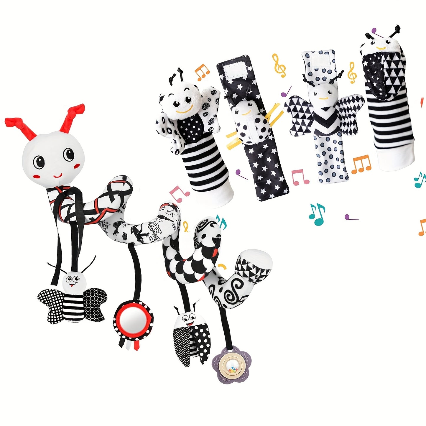 Musical Rattle Set For Babies 0 To 6 Months High Contrast Car Seat Toys Plush Pendants