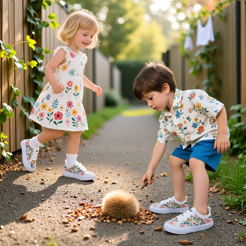 Kids Floral Canvas Sneakers Lightweight Breathable Soft Sole Casual Shoes for Spring Summer