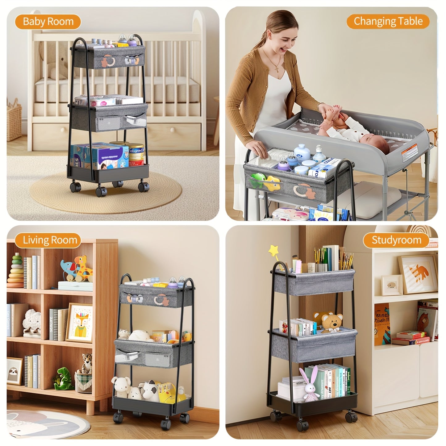 3 Tier Diaper Caddy Organizer Cart with Rolling Wheels for Nursery and Bedroom Essentials