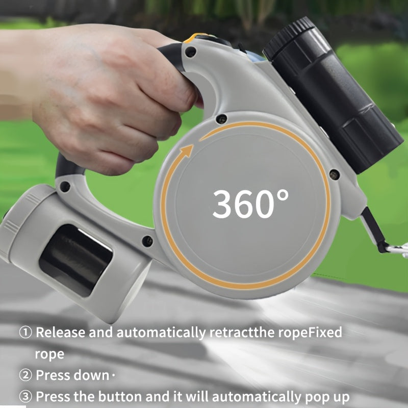 Multifunctional Retractable Dog Leash 5m/16ft | Hands-Free Extendable Pet Lead with Built-in Storage Box & 3 Waste Bag Rolls | Portable Poop Bag Dispenser, Tangle-Free Design for Walking/Hiking