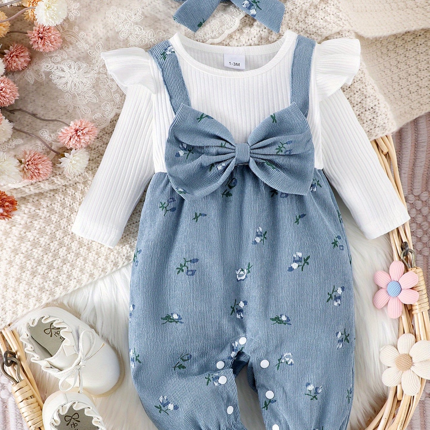 Floral Print Baby Romper Set Two Piece With Bow Headband