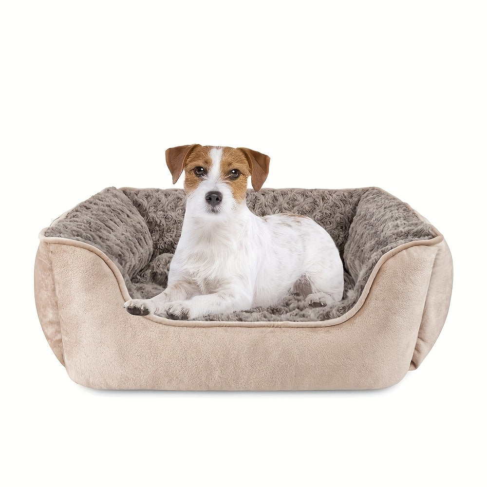 Cozy Khaki Plush Dog Bed with Non Slip Bottom Machine Washable Breathable Design