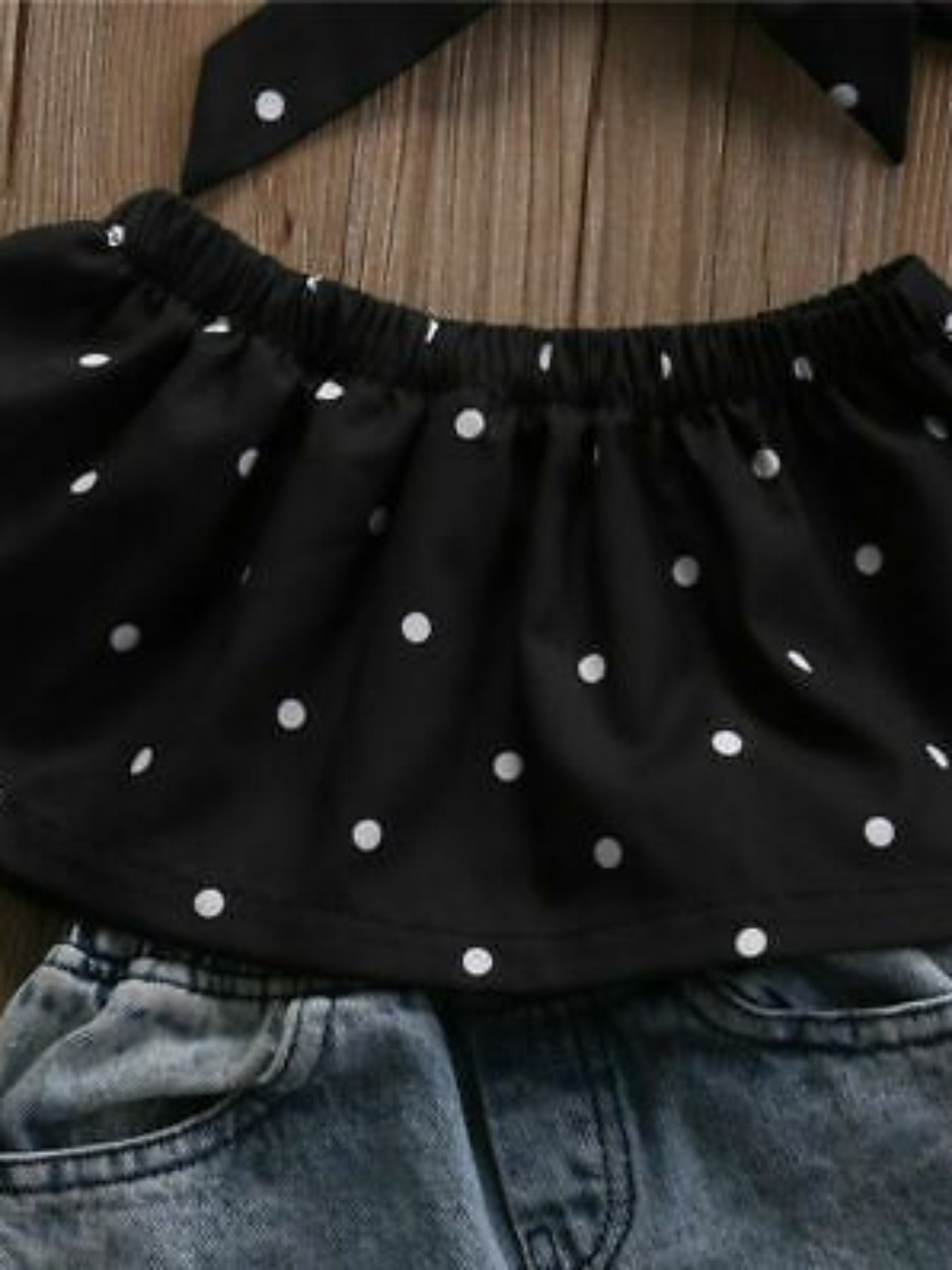 Infant Baby Girls Off Shoulder Wave Point Top Ripped Jeans and Bow Headband Outfit