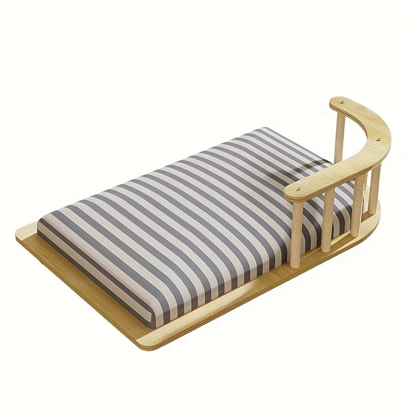 Durable Solid Wood Cat Bed Elevated Pet Nest with Striped Fabric Mat for Year-Round Comfort