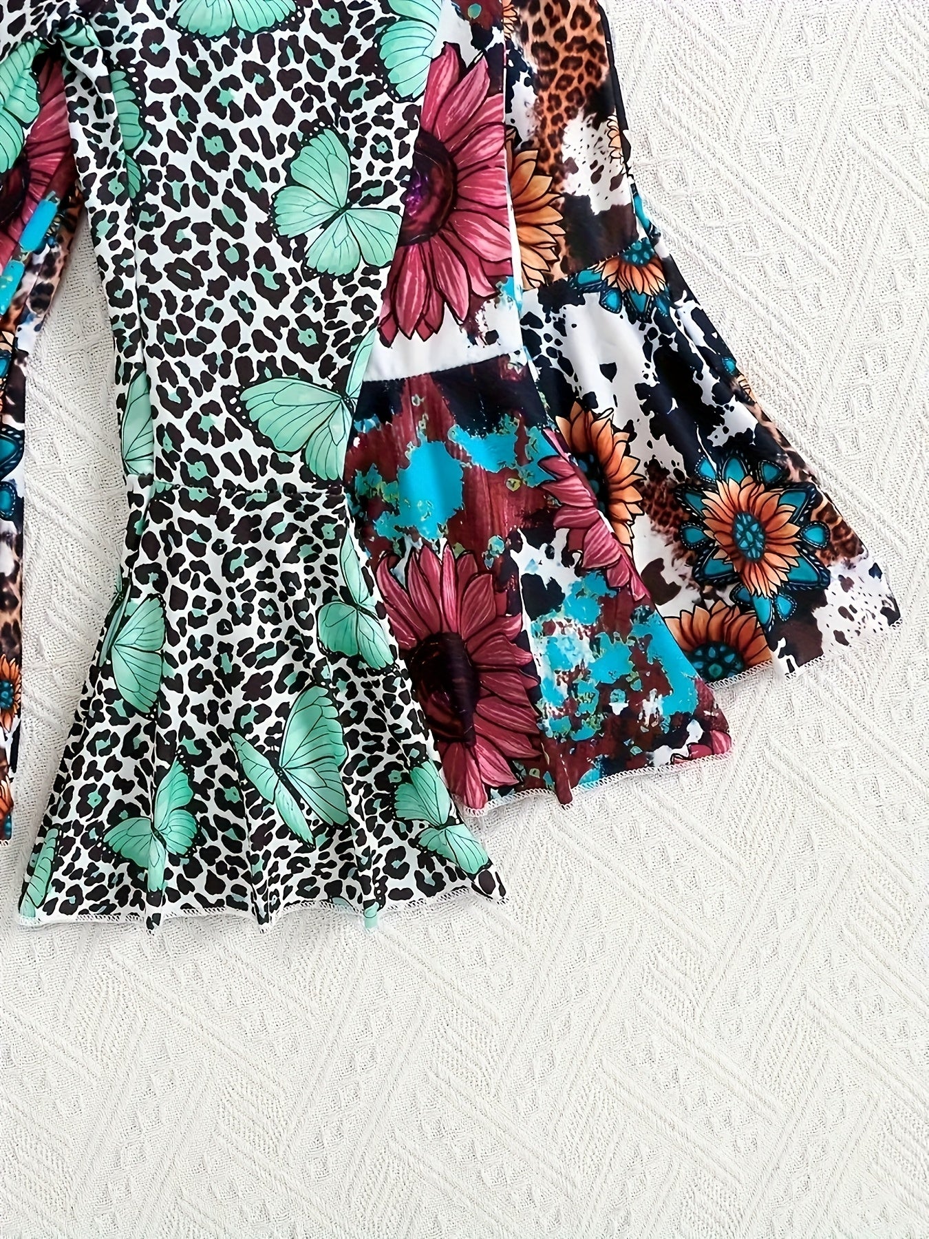 3pcs Set Girls' Long Pants Outfits - Floral Print, Crew Neck Short-Sleeve T-Shirt & Flared Pants, Polyester Knit Fabric with Slight Stretch - Spring/Summer/Fall Casual Wear | Machine Washable | Elegant Ruffle Details