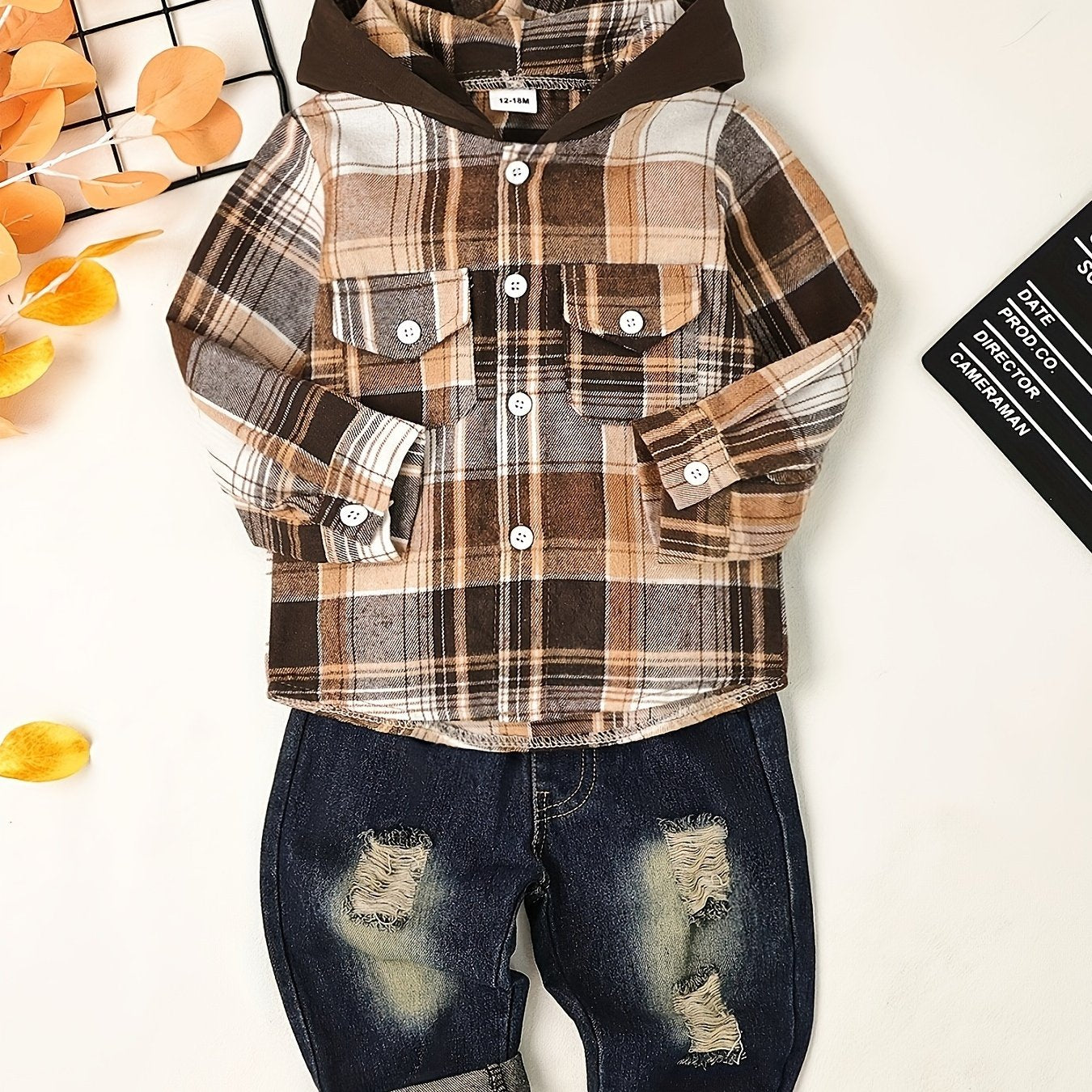 Toddler Boy Fall Winter Outfit Set Hooded Sweatshirt and Ripped Jeans Dark Khaki 12M-5T